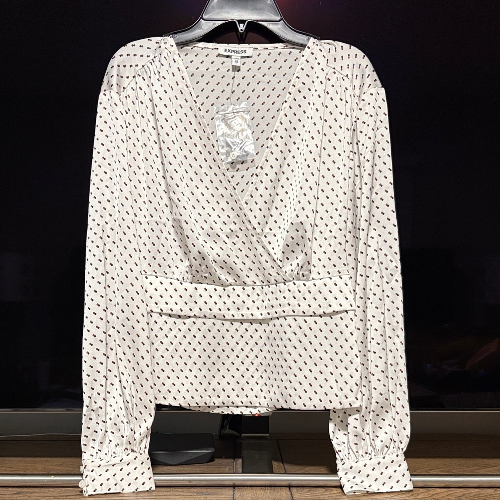EXPRESS - Silky White Blouse with Black & Brown Dots